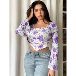 Womenster Women Floral Printed Square Neck Bell Sleeve Fitted Crop Top-picture-30