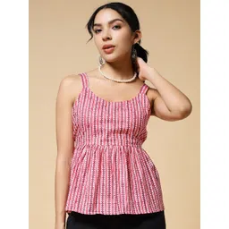 Womenster Women Geometric Striped Shoulder Straps Cotton Peplum Top-picture-36