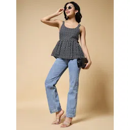 Womenster Women Zig Zag Printed Shoulder Straps Cotton Peplum Top-picture-32