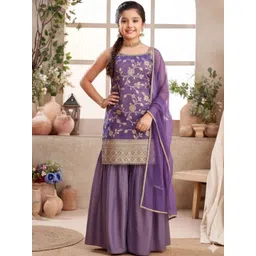 Wommaniya Impex Girls Floral Embroidered Regular Thread Work Kurta with Sharara & With Dupatta-picture-40