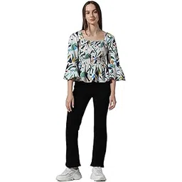 wonly Tropical Printed Bell Sleeves Square Neck Smocked Peplum Top-picture-45