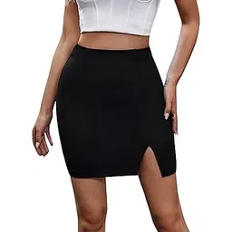woo thing Women and Girls Side Slit Skirt Mini Formal Front Cut Skirt Elastic Waist-picture-56