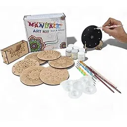 Wooden Dot Mandalas Paint Kit F. Tea Coaster Set. Mandal Art. Set of 6 of Wooden Circular Base of 4 inch. with Wooden Case. Dot Tools, Acrylic Colours, Brush and Paiting Dish-picture-10