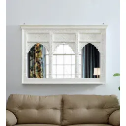 wooden home Mango Wood 3 Window Carving Jharokha Wall Mirror in White Distress Finish-picture-18