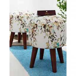 Wooden Twist 2-Pcs White & Mustard Yellow Printed Wooden Puffy Ottoman Stool-picture-29