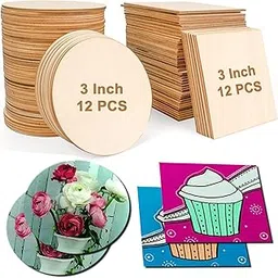WOODIOGRAPHY Wooden MDF Art Boards 3 Inch Round Set of 12 and 3 inch Square Set of 12, 3mm Thick, 12 Pieces Each, for Crafts and Painting-picture-25