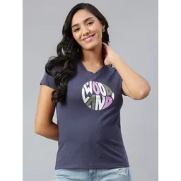Woodland Women Blue Typography Printed V-Neck Applique T-shirt-picture-18
