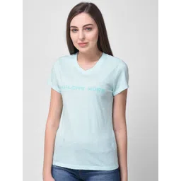 Woodland Women Blue Typography V-Neck Pure Cotton T-shirt-picture-21