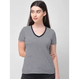 Woodland Women Navy Blue & White Striped V-Neck T-shirt-picture-44