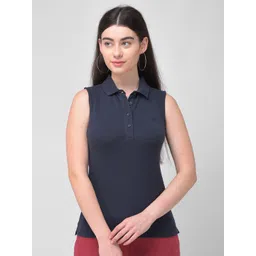 Woodland Women Navy Blue Solid Polo Collar Regular Fit T-shirt-picture-16