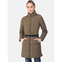 Woodland Women Olive Green Water Resistant Longline Padded Jacket with Belt-picture-36