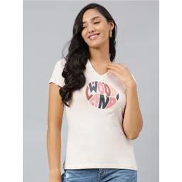 Woodland Women Peach-Coloured Typography Printed V-Neck T-shirt-picture-21