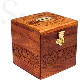 WOODLY Handcrafted Wooden Barrel Money Bank, Dark Brown, Large Size with Carved Floral Patterns, Traditional Style, Decorative Turquoise and Red Safe Coin Storage Box for Kids and Adults (Square)-image-20