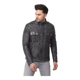 Woods Black Mandarin Collar Leather Jacket-picture-17
