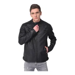 Woods Black Mandarin Collar Leather Jacket-picture-36