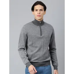 Woods Men Grey Solid Mock Collar Pullover-picture-23