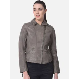 Woods Women Green Leather Water Resistant Crop Bomber with Embroidered Jacket-picture-25