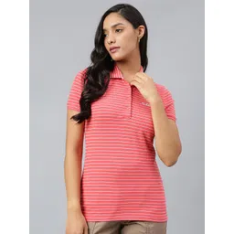 Woods Women Orange Striped Polo Collar T-shirt-picture-37