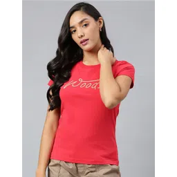 Woods Women Red Typography V-Neck Extended Sleeves T-shirt-picture-35