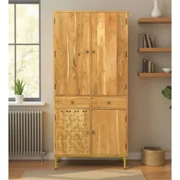 woodsworth from pepperfry Vivant Acacia Wood Wardrobe In Natural Finish With Drawer-picture-18