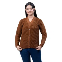 woolvella Women Solid V Neck Brown Sweater-picture-26