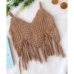 Woonie Cotton Knit Sleeveless Tassels Detailed Hand Knitted Crochet Top - Brown-picture-17