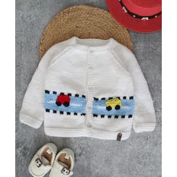 Woonie Full Sleeves Hand Knitted Car Detailed Sweater - White-picture-20