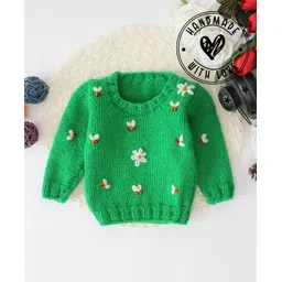 Woonie Full Sleeves Handknitted Bee & Flower Embroidered Sweater - Green-picture-25