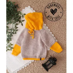 Woonie Full Sleeves Handknitted Hooded Color Blocked Sweater - Beige-picture-14