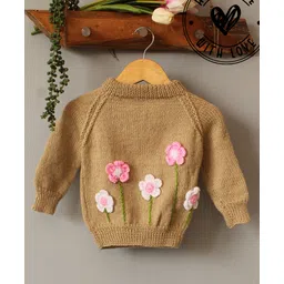 Woonie Hand Knit Full Sleeves Floral Applique Detailed Crochet Sweater - Beige-picture-27