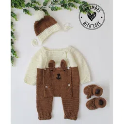 Woonie Handknitted Full Sleeves Bear Designed Romper With Cap & Booties - Cream-picture-10