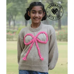 Woonie Handknitted Full Sleeves Bow Applique Detailed Sweater - Beige-picture-12