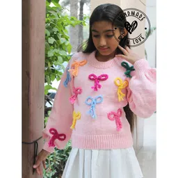 Woonie Handknitted Full Sleeves Bow Applique Detailed Sweater - Pink-picture-21