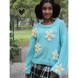 Woonie Handknitted Full Sleeves Floral Applique Detailed Sweater - Blue-picture-26