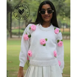 Woonie Handknitted Full Sleeves Rose Applique Detailed Sweater - White-picture-22