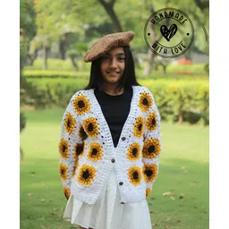 Woonie Handknitted Full Sleeves Sunflower Designed Cardigan - White-picture-16