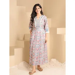 WoowZerz Woman Tribal Printed Embroidered Cape Sleeves Linen Fit and Flare Maxi Dress-picture-32