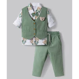 WOW Clothes Full Sleeves 3 Piece Party Suit with Bear Print & Bow Applique - Green-picture-31