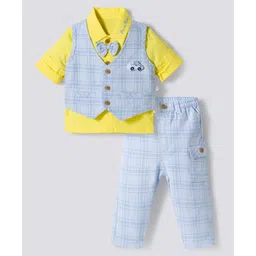 WOW Clothes Full Sleeves Checkered 3 Piece Party Suit with Bow Applique - Light Blue-picture-33