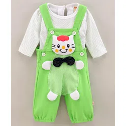 WOW Clothes Full Sleeves Cotton T-shirt with Dot Print and Dungaree with Kitty Patch and Bow Applique- Green-picture-13