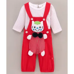 WOW Clothes Full Sleeves Cotton T-shirt with Dot Print and Dungaree with Kitty Patch and Bow Applique- Red-picture-14