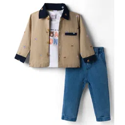 WOW Clothes Knitted Full Sleeves Bear Printed Shirt & Pant Set with Inner Tee - Light Brown-picture-27