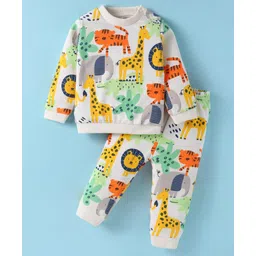 WOW Clothes Looper Knit Full Sleeves T-Shirt & Lounge Pant Set with Animal Print - White-picture-20