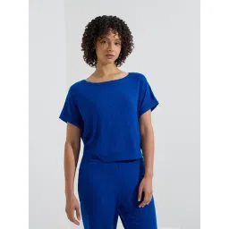 Wunderlove by Westside Blue Ribbed-Textured T-Shirt-picture-45