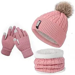 x-lent Winter Beanie Set for Women | Winter Cap, Neck Warmer Scarf & Touchscreen Gloves | Beanie Style | Ladies Pink-picture-11