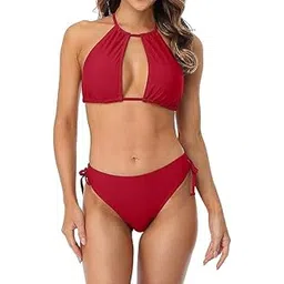 x-night Women's Two Piece Halter Bikini Swimsuits Keyhole Cutout Swimwear Ladies Swimsuit Padded Bathing Suit Red-picture-36