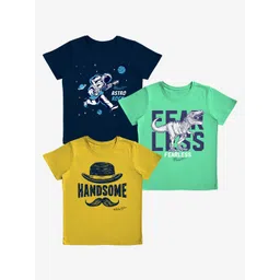x2o Boys Navy Blue & Yellow Typography Printed Cotton T-shirt Pack Of 3-picture-55