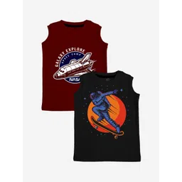 x2o Kids Pack Of 2 Printed Black & Maroon Cotton Innerwear Basic Vests-picture-24