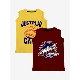 x2o Kids Pack of 2 Yellow & Maroon Printed Cotton Innerwear Basic Vests-picture-28