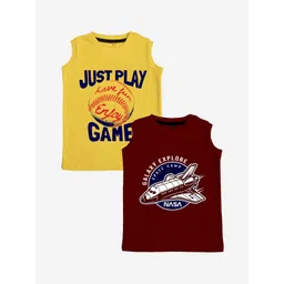 x2o Kids Pack Of 2 Yellow & Maroon Printed Pure Cotton Innerwear Vests-picture-38